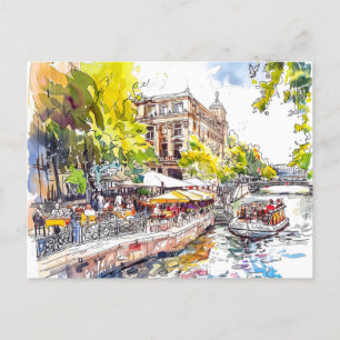 Postal Café del río Spree en Berlín Mitte acuarela