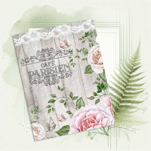 Postal Café Francés Parisino Tablón de Madera Floral