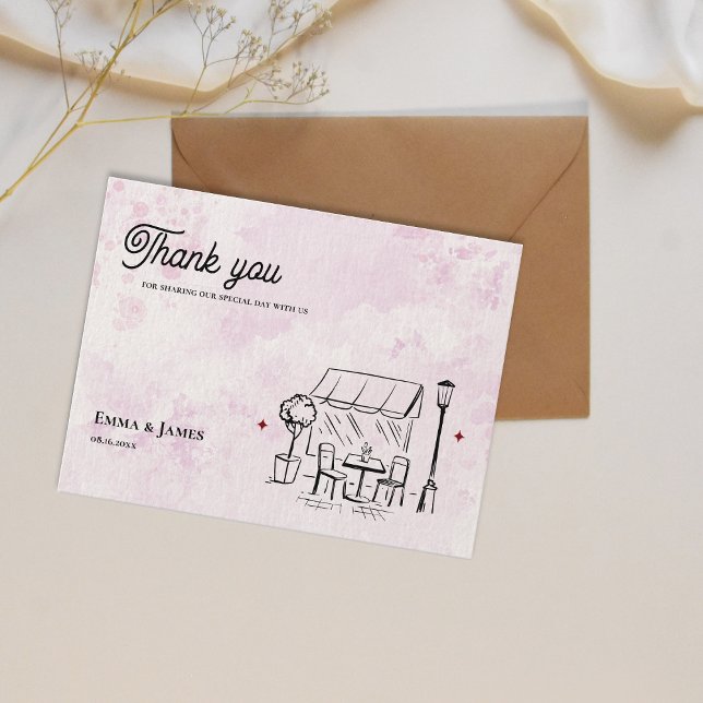 Postal Café Ilustración Rosa Romántica Agradecimiento de  (Romantic Pink Café Illustration Wedding Thank You Postcard)