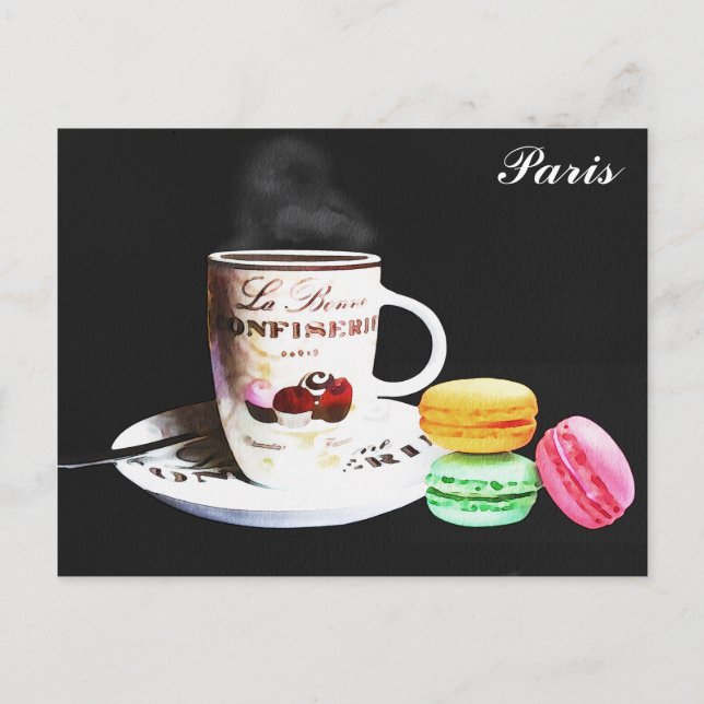 Postal Café París Francia Acuarela Café Macarons (Anverso)