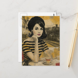 Postal Café Retro en la Mujer de Collage de la Estación d
