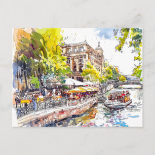 Postal Café Watercolor Berlín Mitte Río Spree