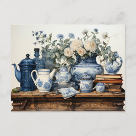 Postal Cafetera Azul Blanca Crema Azúcar Tarro de Vidrio