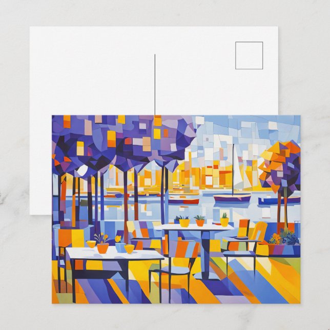 Postal Cafetería Cubist al aire libre con mesas (Anverso / Reverso)