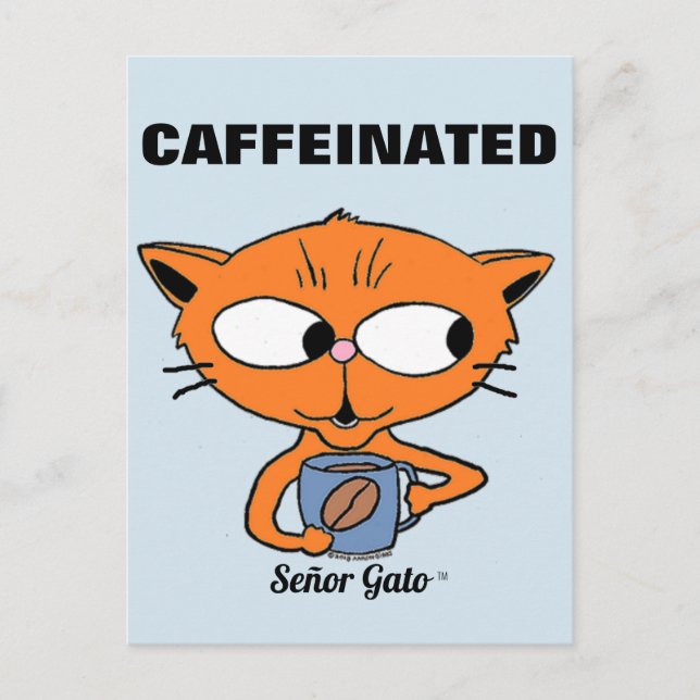 Postal "CAFFEINADO" Señor Gato con tazón de café (Anverso)