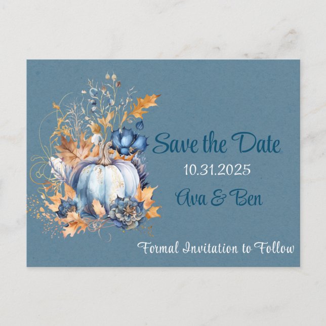 Postal Caída Naranja Azul Calabaza Peony Salva la fecha (Anverso)