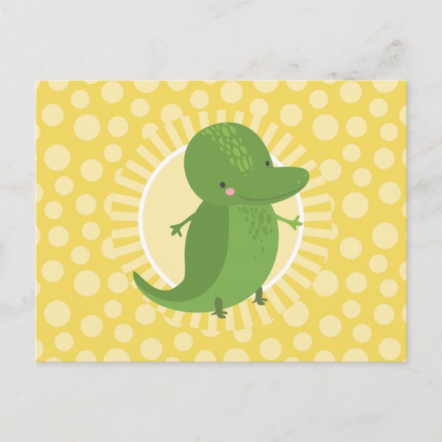 Postal Caimán Lindo - Cocodrilo Divertido Amarillo Verde (Anverso)