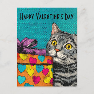 Postal Caja de regalo de gato y corazón vintage Día de Sa