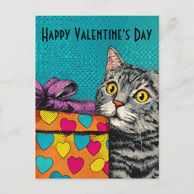 Postal Caja de regalo de gato y corazón vintage Día de Sa (Anverso)