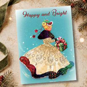 Postal Caja de regalo de Navidad vintage niña purpurina d