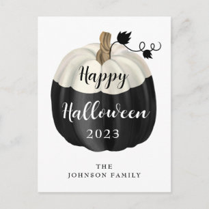 Postal Calabaza blanca y negra linda Feliz Halloween