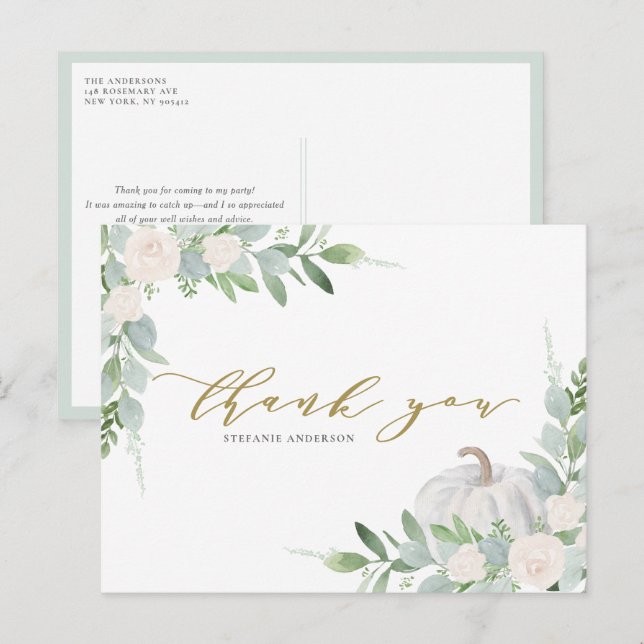 Postal Calabaza blanca y vegetación otoño gracias (Anverso / Reverso)