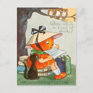Postal Calabaza Cabeza de Gato Negro Jack O Linterna Cala