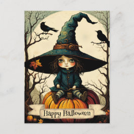 Postal Calabaza Chica Bruja Feliz Halloween