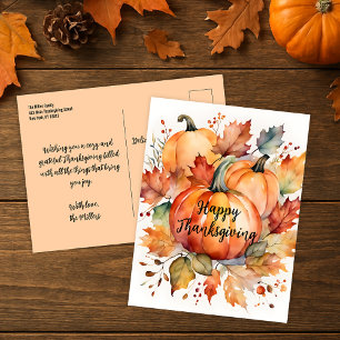 Postal Calabaza de Acción de Gracias de acuarela de naran