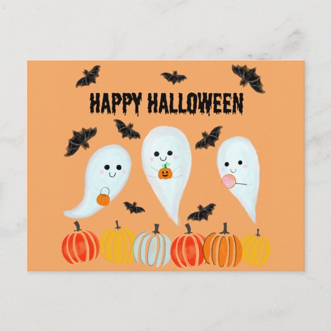 Postal Calabaza de Bat Fantasma Feliz Halloween (Anverso)