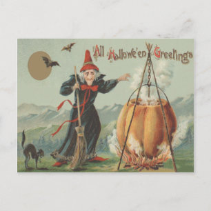 Postal Calabaza de bruja caldero gato negro hechizo