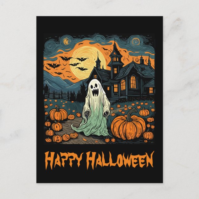 Postal Calabaza de fantasma retro Halloween Luna llena (Anverso)
