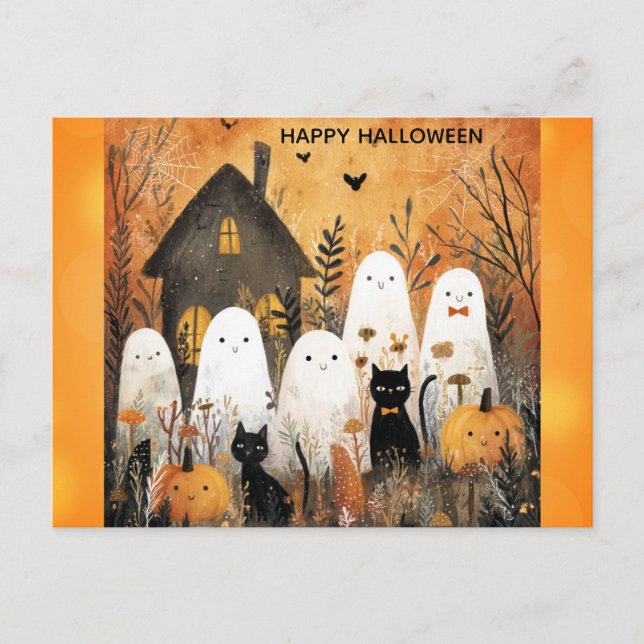 Postal Calabaza de gato negro fantasma de Halloween Feliz (Anverso)