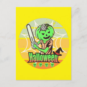 POSTAL CALABAZA DE HALLOWEEN ANTIGUA CON MOTOSIERRA Y CAL