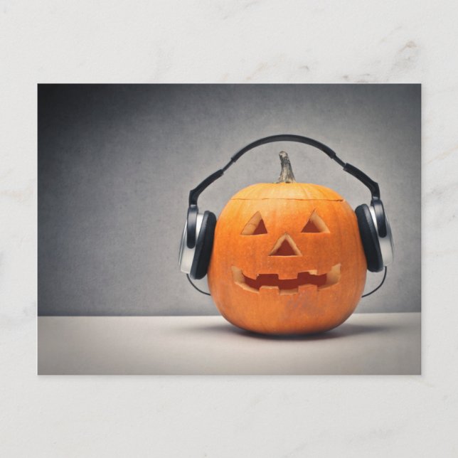 Postal Calabaza De Halloween Con Auriculares Para Música (Anverso)