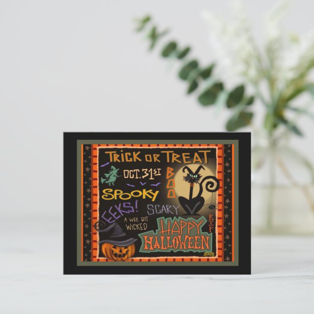 Postal Calabaza de Halloween embrujada profesora gato neg (Anverso de pie)