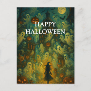 Postal Calabaza de Halloween espeluznante Bruja Noche esp