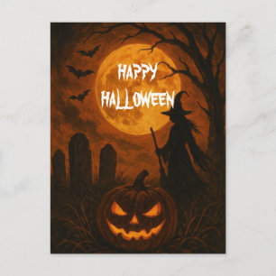 Postal Calabaza de Halloween espeluznante Bruja Noche esp
