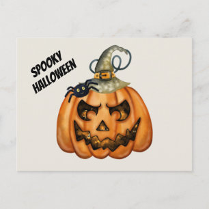 Postal Calabaza de Halloween espeluznante con araña