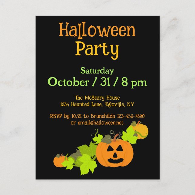 Postal Calabaza de Halloween tallando Naranja negro Fiest (Anverso)
