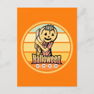 POSTAL CALABAZA DE HALLOWEEN VINTAGE CON HACHA Y CRÁNEO