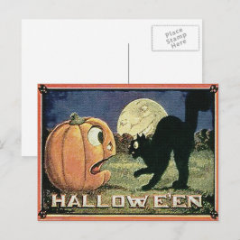 Postal Calabaza de Halloween Vintage y gato en mosaico