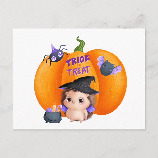 Postal Calabaza de Halloween y Hedgehog de truco o truco (Anverso)