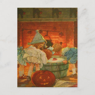 Postal Calabaza de Jack O Lantern Bobbing Manzana Gato Ne