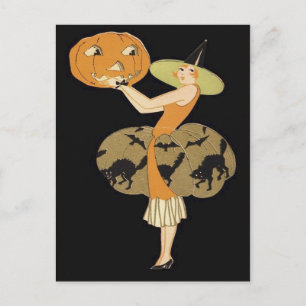 Postal Calabaza de Jack O Lantern Bruja Art Deco Gato Neg