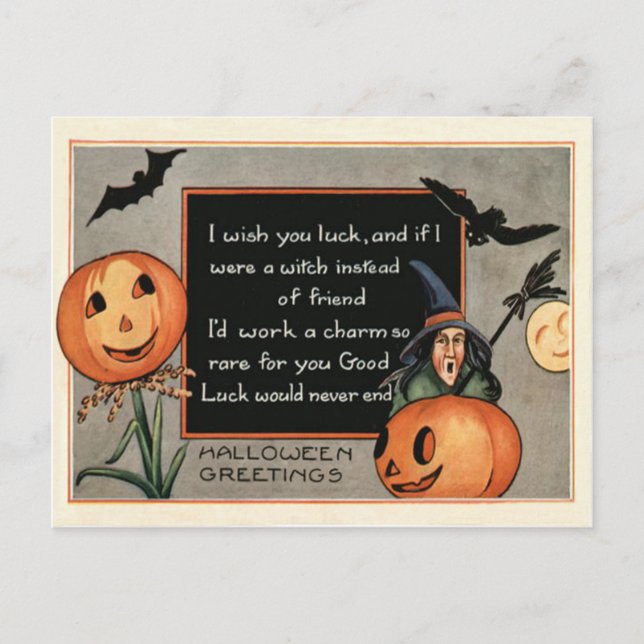 Postal Calabaza de Jack O Lantern Bruja Murciélago Búho (Anverso)