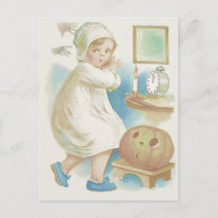 Postal Calabaza de Jack O Lantern con niña linda fantasma