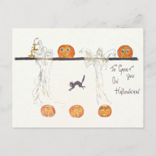 Postal Calabaza de Jack O Lantern Fantasma Gato Negro