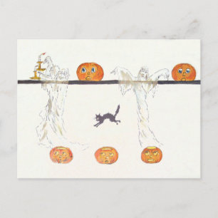 Postal Calabaza de Jack O Lantern Fantasma Gato Negro