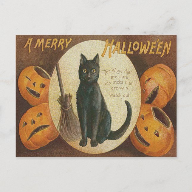 Postal Calabaza de Jack O' Lantern Gato Negro Escoba (Anverso)