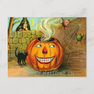 Postal Calabaza de Jack O Lantern Gato Negro telaraña