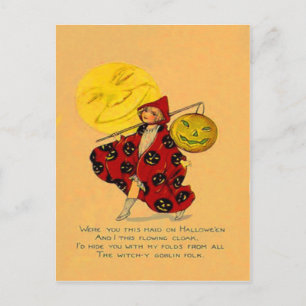 Postal Calabaza de Jack O Lantern Hombre Luna Niña