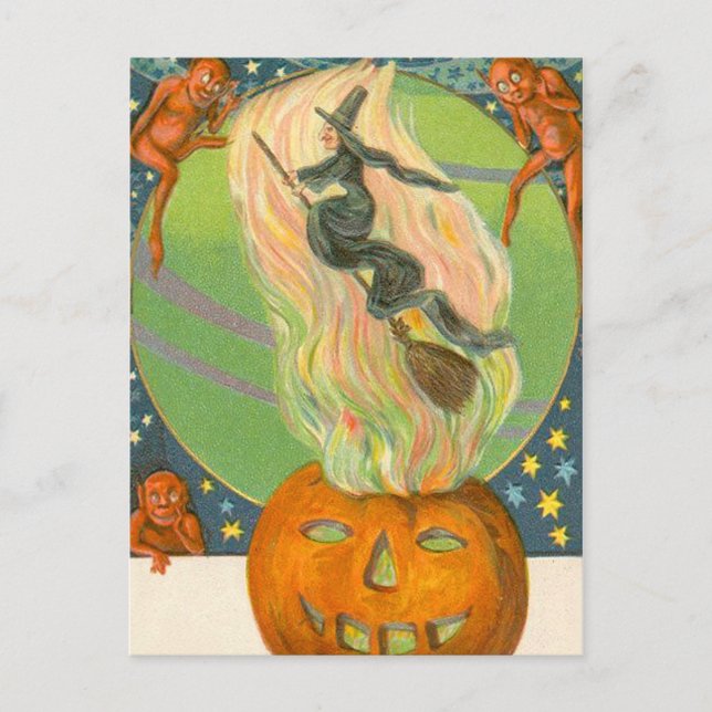 Postal Calabaza de Jack O'Lantern Bruja Demonio de Fuego (Anverso)