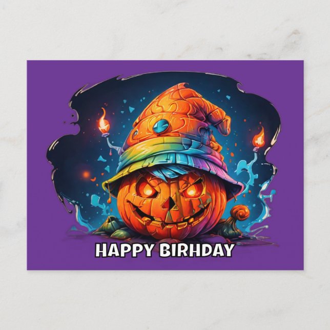 Postal calabaza de jackolantern con sombrero de cumpleaño (Anverso)