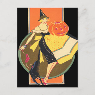 Postal Calabaza de linterna de bruja Art Deco Gato negro
