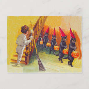 Postal Calabaza de Linterna Jack Gato Negro Escoba