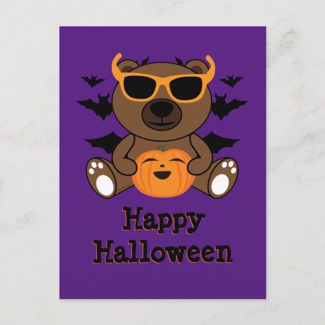 Postal Calabaza de oso de Halloween Guay lindo Purple (Anverso)