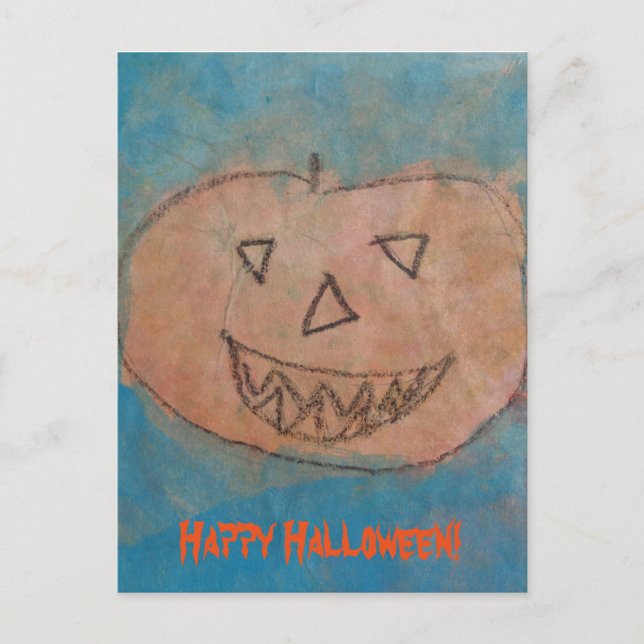 Postal Calabaza divertida Feliz Halloween Niños Arte acua (Anverso)