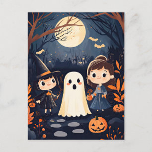 Postal Calabaza fantasma de los niños de Halloween retro 