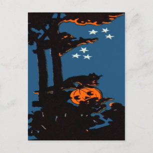 Postal Calabaza gato de linterna naranja negro